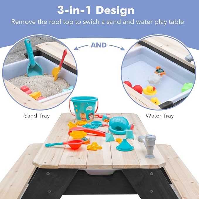 Kids 3-in-1 Sand & Water Table, Wood Outdoor Convertible Picnic Table w/Umbrella, 2 Trays, Removable Top with Faucet, Picnic Table for Outdoor Playset (Black/Navy)