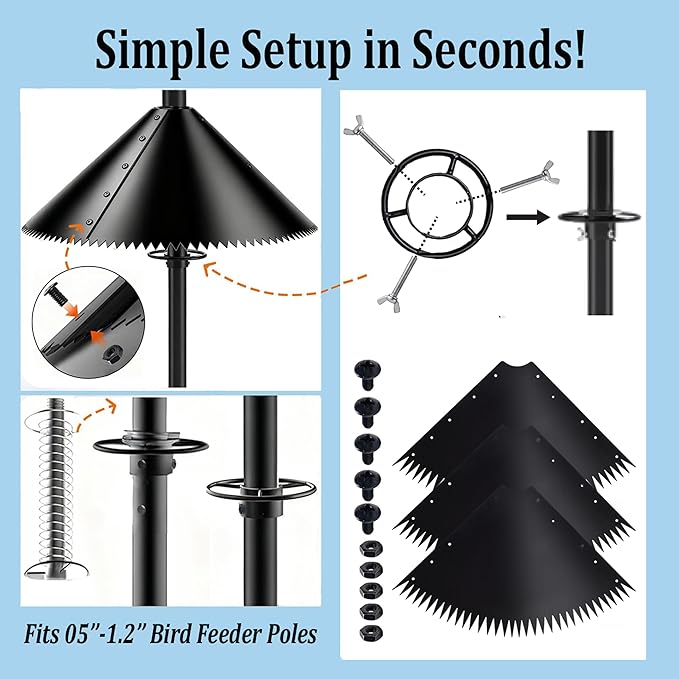 Squirrel Baffle for Bird Feeder Pole-Dynamic Steel Spring-Loaded Wobble Defense,Outside Pole Mount Bird House Guard for Outdoor Shepherd’s Hook, 19 Inch Diameter,Metal Buckle(1pcs)