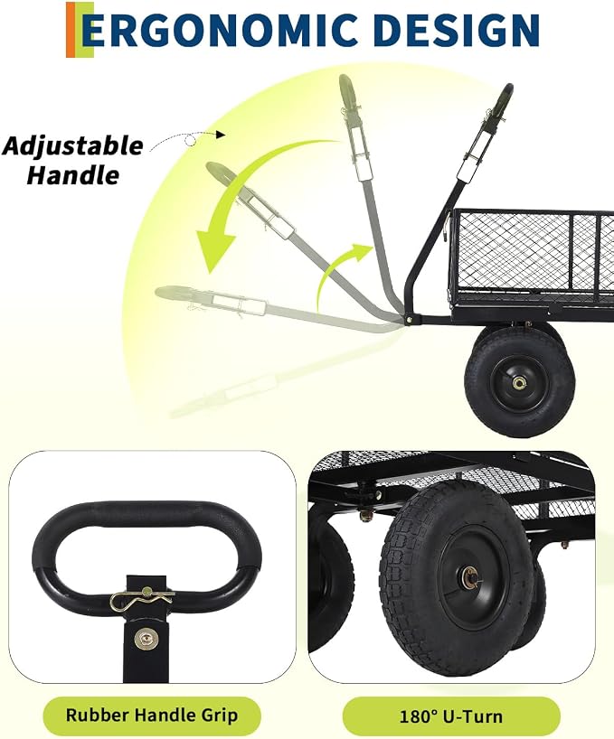 Garvee Versatile Outdoor Utility Cart-1000LBS Heavy-Duty, 13" All-Terrain Pneumatic Tires, Vehicle-Connectable, Easy Maneuverable Lawn Cart with Removable Mesh Panels for Gardening & Landscaping,Black