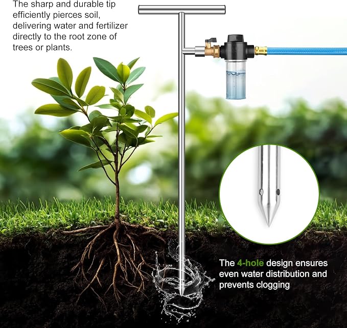 Deep Root Watering Tool for Trees & Plants, Tree Watering Spike, Stainless Steel Root Feeder with Fertilizer Bottle for Tree Watering Irrigation System with Brass Valve, T-Handle