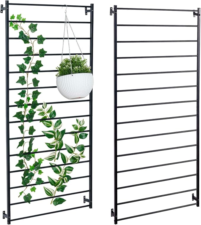 MyGift 4 Foot Tall Modern Matte Black Metal Wall Mounted Horizontal Bars Trellis, Outdoor Hanging Support Frame for Climbing Garden Plants and Crawling Vines, Set of 2