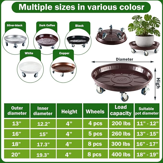 Planterhoma 3 Packs 16" Metal Plant Caddy with Wheels Extra-Large Rolling Plant Stand Heavy-Duty Plant Dolly with Casters Indoor Outdoor Wheeled Flower Pot Mover Rollers Garden Cart Trolley, Copper
