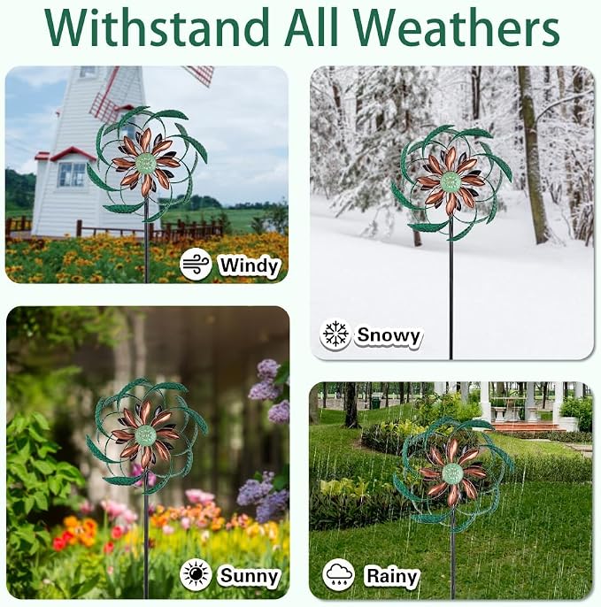 Viveta Outdoor Wind Spinner, Green Leaf Wind Sculptures, Metal Windmill Garden Pinwheels for for Patio, Lawn, Yard