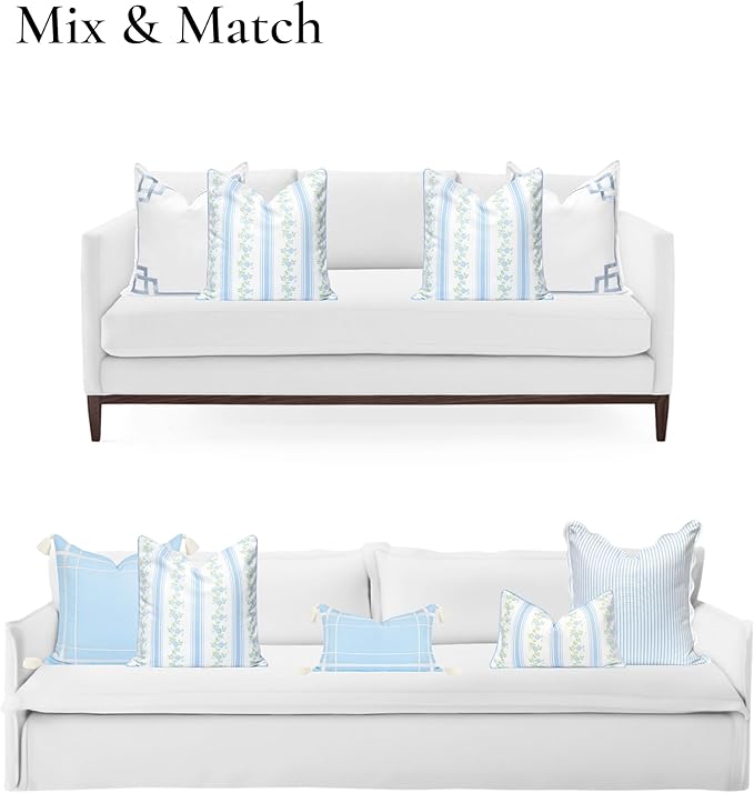 Hofdeco Premium Coastal Patio Indoor Outdoor Throw Pillow Cover Only, 20"x20" Water Repellent for Backyard, Couch, Baby Blue Print Stripe Floral (Pack of 2)