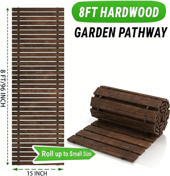Wooden Garden Pathway Outdoor Walkway - 8 FT Roll Out Outdoor Pathway with Ground Stakes, Boardwalk Pavers for Outside Walkway, Non-Slip Garden Path for Backyard Decor, Lawn Landscaping, Brown
