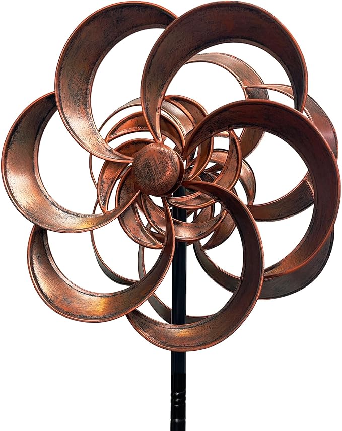 63" Metal Wind Spinner Outdoor, Double-Sided Kinetic Yard Spinner, Smooth Spinning Garden Decor, Stable 5-Prong Stake, Copper Yard Art for Lawn & Patio