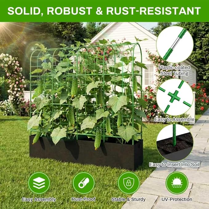 66"×64"×16.5" Cucumber Trellis with Grow Bag, Trellis for Climbing Plants Outdoor,U-Shape Reusable Metal Garden Arch Trellis with Net, for Fruit Flower Support for Pea, Grape Vine Type Plants