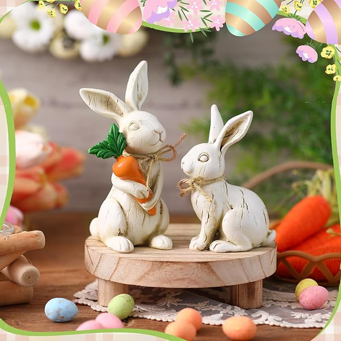 Simgoing 2 Pcs Easter Bunny Figurines Decorations Rabbit Resin Statues Easter Figure Statues Beige Rabbit Figurines Decorations for Holiday Vintage Farmhouse Home Table Centerpieces Ornament Gifts