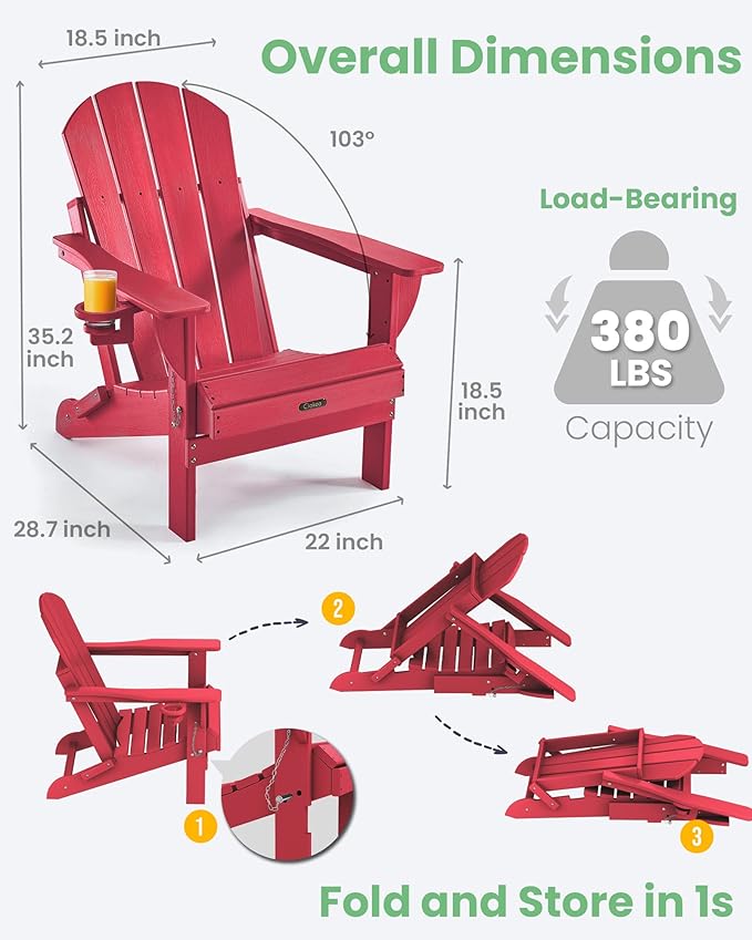 Ciokea Folding Adirondack Chair 2 Pack, Patio Adirondack Chair Weather Resistant, Plastic Fire Pit Chair with Cup Holder, Lawn Chair for Outdoor Porch Garden Backyard Deck (Red)