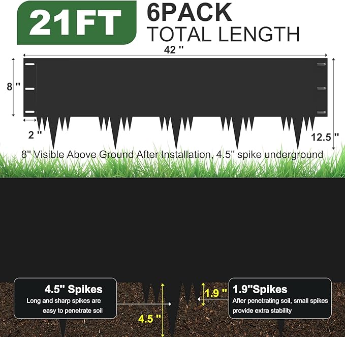 Galvanized Steel Landscape Edging Border 6 Packs 42'' L x 12.5'' H, Metal Landscape Garden Edging Border with 6 Stakes, Hammer-in Lawn Edging for Landscaping, Flower Bed, Yard, Pathway (21ft Total)