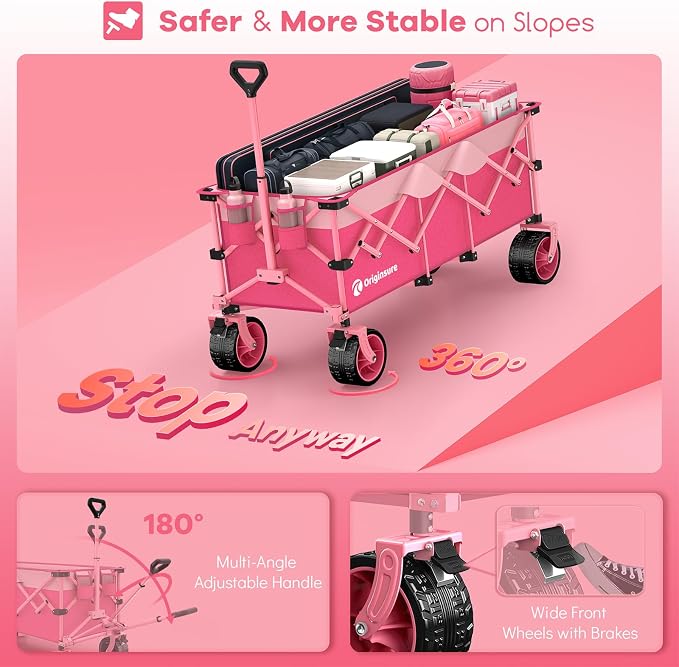 Originsure 48" L Collapsible Wagon Cart Foldable, 560lbs Weight Capacity 300L Heavy Duty Folding Beach Wagons with Big All-Terrain Wheels, Utility Carts for Groceries, Camping, Sports - Pink