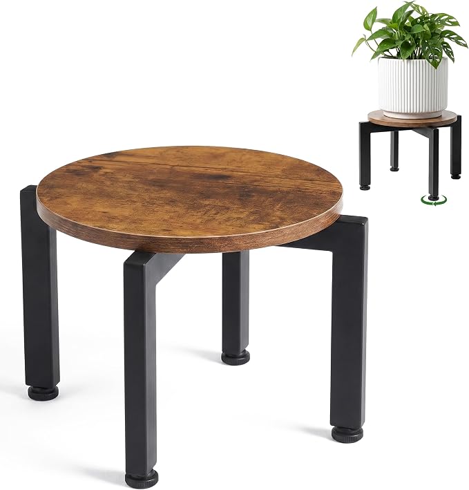 TOSKING Heavy Duty Metal Plant Stand Indoor – Adjustable Leveling Pads, Vintage Brown Wood Tray, Iron Cross Base, Corner-Friendly, Plant Flower Display Shelf, Low Stool for 8-12" Pots, Easy Assembly, Black & Brown (9.8"Dia x 7.7"H)