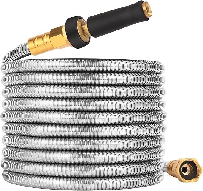Rosy Earth Expandable Metal Garden Hose 50 FT - 304 Stainless Steel Water Hose 50 FT - Lightweight non Kinking Flexible Garden Hose, no Bite