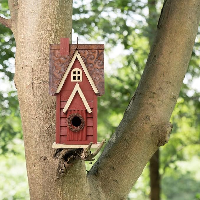 Glitzhome Blue Bird House, 12" H Solid Wood Bird House for Outside, Distressed Cottage Garden Decorative Birdhouse Hanging Bird House for Outdoors,Red
