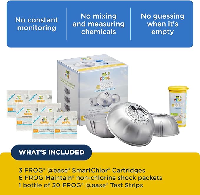 FROG @Ease Replacement SmartChlor Cartridge 3 Pack with 6 Pack of Maintain & 30 Test Strips for use with Hot Tub FROG @Ease Floating System - Hot Tub Sanitizer System Supports Less Chlorine Use