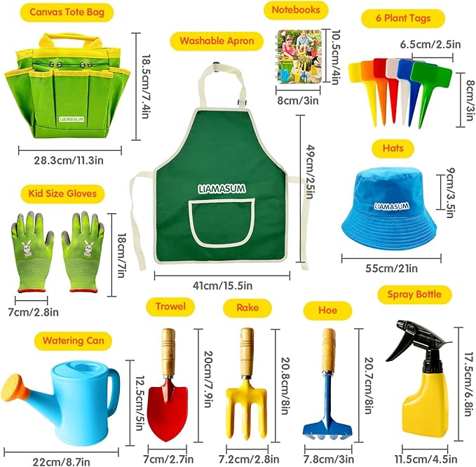 Kids Gardening Tools Set Includes Toddler Gardening Gloves, Sturdy Tote Bag, Watering Can, Shovel, Rake, Trowel, Children Apron, Garden Notebook - Easter Gifts for Toddler