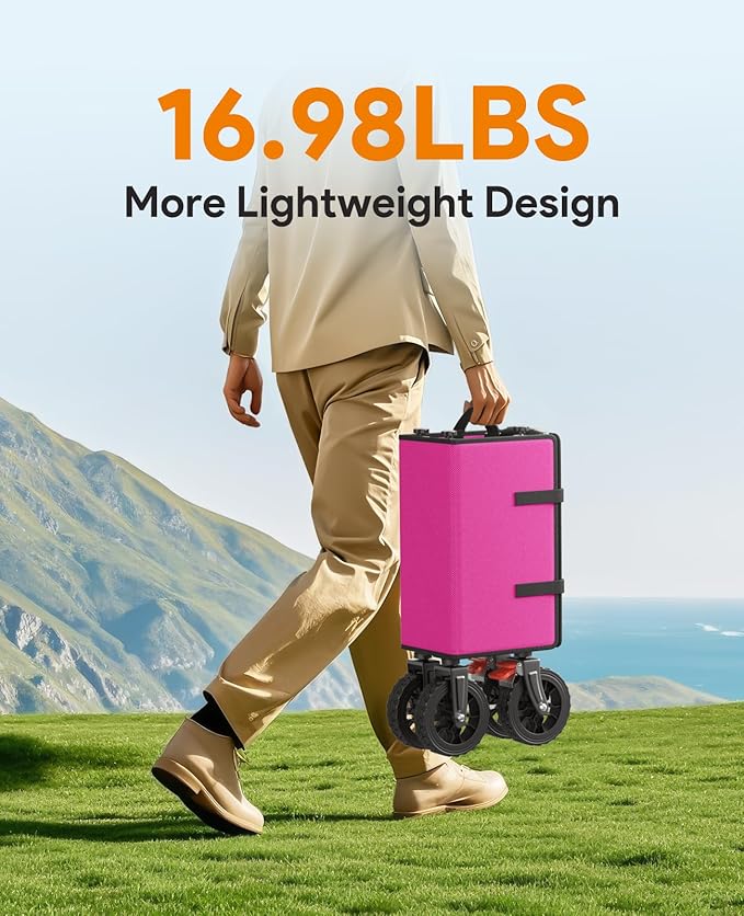 Wagons Carts Foldable, Collapsible Foldable Wagon 330lbs Capacity, Large Capacity Wagon Cart with All-Terrain Wheels,Heavy Duty Utility Wagons Cart with Brakes for Camping Shopping Sports, Pink