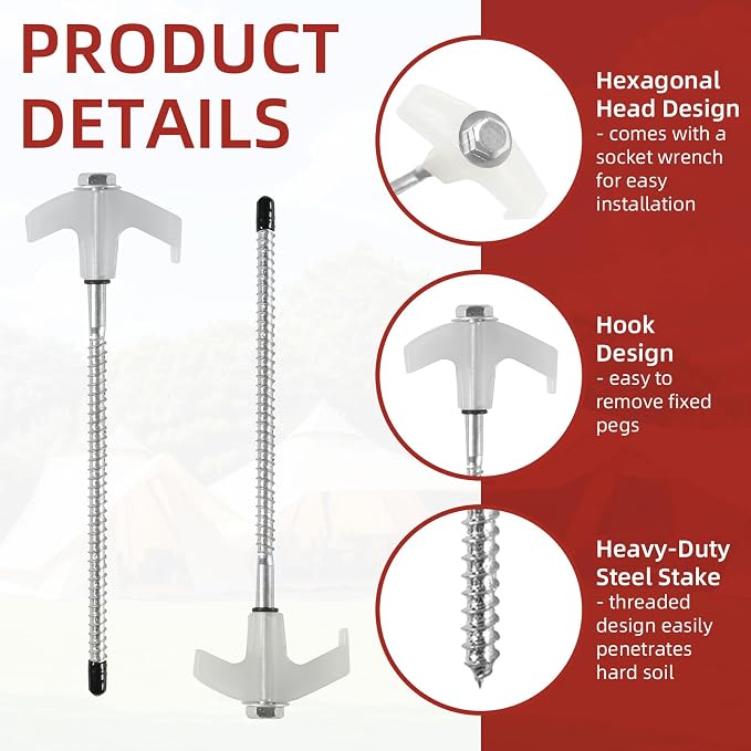 50 Pack 8 Inch Screw in Tent Stakes Heavy Duty Tent Stakes Screw in Ground Camping Stake with Hex Head Driver Metal Pegs Spikes for Camping Garden Yard (White)