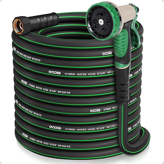 Heavy Duty Garden Hose 100 ft, NON-EXPANDABLE Water Hose with 10 Function Spray Nozzle, Lightweight Kink-less Hybrid Hose with Swivel Handle, Male to Female Fittings