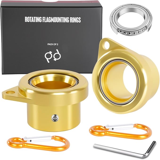 Bearing Steel Ball Flag Pole Rings, Tangle Free Aluminum Alloy Flag Pole Spinners, 360° Rotating Flagpole Rings with Carabiners, Fit Flagpole with 0.75-1inch Diameter, Flagpole Parts, 1 inch Gold