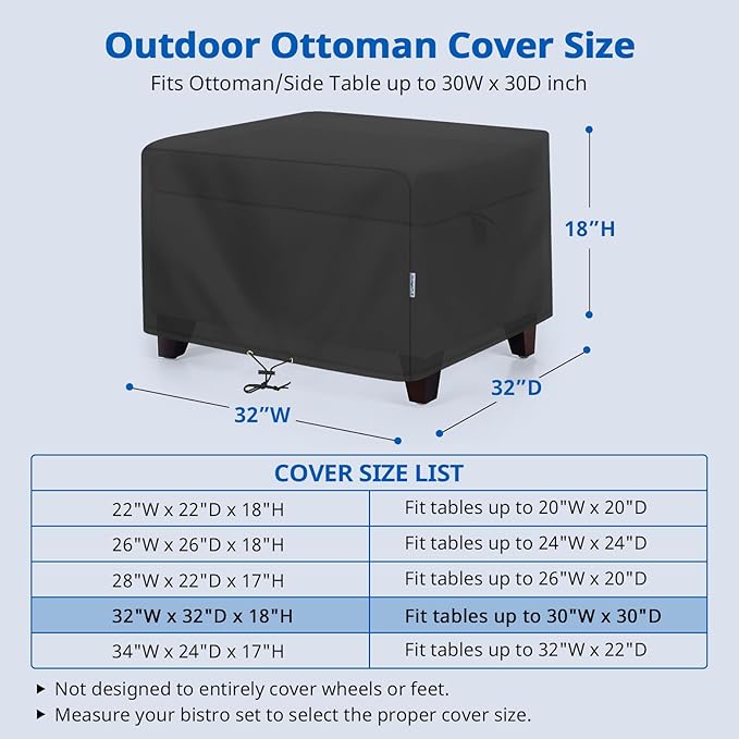 SunPatio Outdoor Ottoman Cover, Waterproof Square Coffee Table Cover, Patio Furniture Side Table Cover, All Weather Protection, 32W x 32D x 18H, Black
