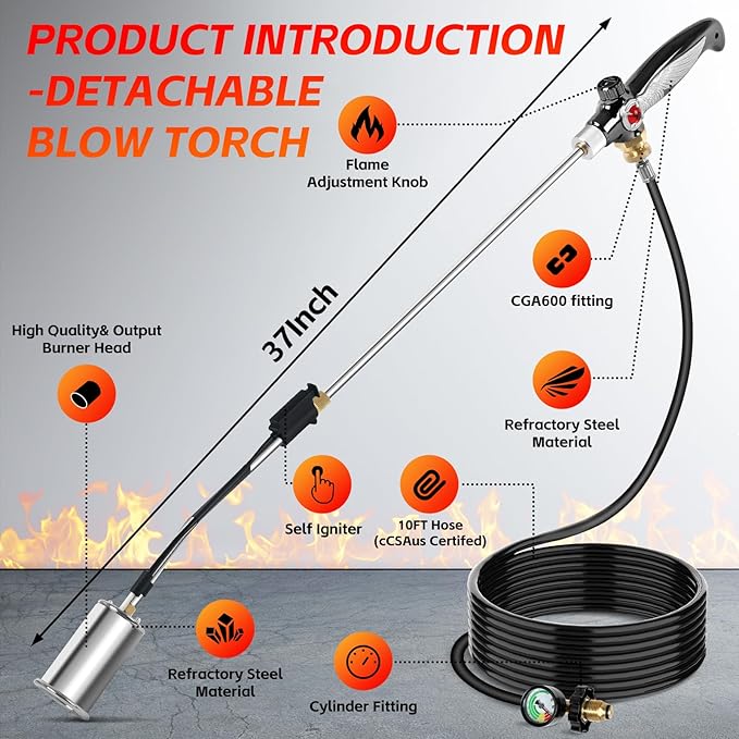 Propane Torch Weed Burner with 10FT Hose Extended Blow Torch Heavy Duty Weed Torches for Outside Flame Control for Garden Stumps Wood Ice Snow Melting Roofing (Propane Tank Not Included)