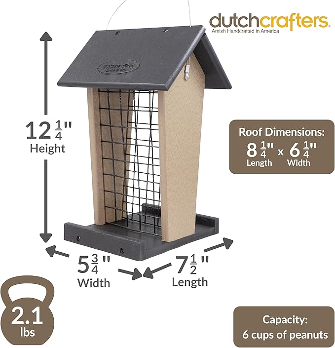 DutchCrafters Plastic Poly Hanging Whole Peanut Bird Feeder for Large Birds, Woodpeckers, Blue Jays for Outdoor, Garden, Yard - USA Amish Made (Black & Weatherwood)