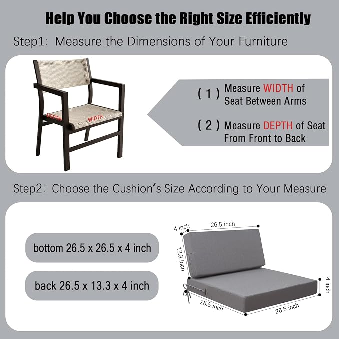 idee-home Outdoor Chair Cushions for Patio Furniture, Outdoor Seat Cushion | Waterproof Couch Hampton Bay Deep Seat Replacement Chair Cushions for Garden Backyard Deck 26.5 x 26.5