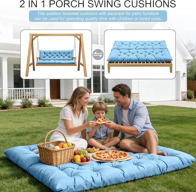Outdoor Swing Cushions, 3 Seat Porch Swing Cushion Replacement with Backrest, Swing Cushions for Outdoor Furniture, for Patio,Backyard,Porch Garden Bench Cushion (Sky Blue 60 * 40 in)