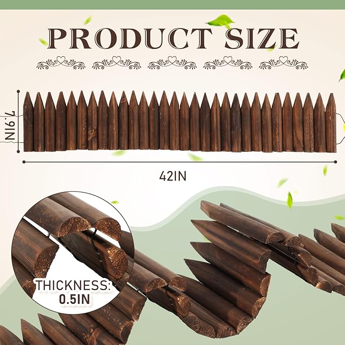 Sasylvia 6 Pack Wooden Garden Edging Wood Garden Fence Panels Pathway 7.9 x 42 Inch Outdoor Landscape Edging Wood Edging Border Flexible Decorative Border Burnt Fence for Spring Garden Patio Yard