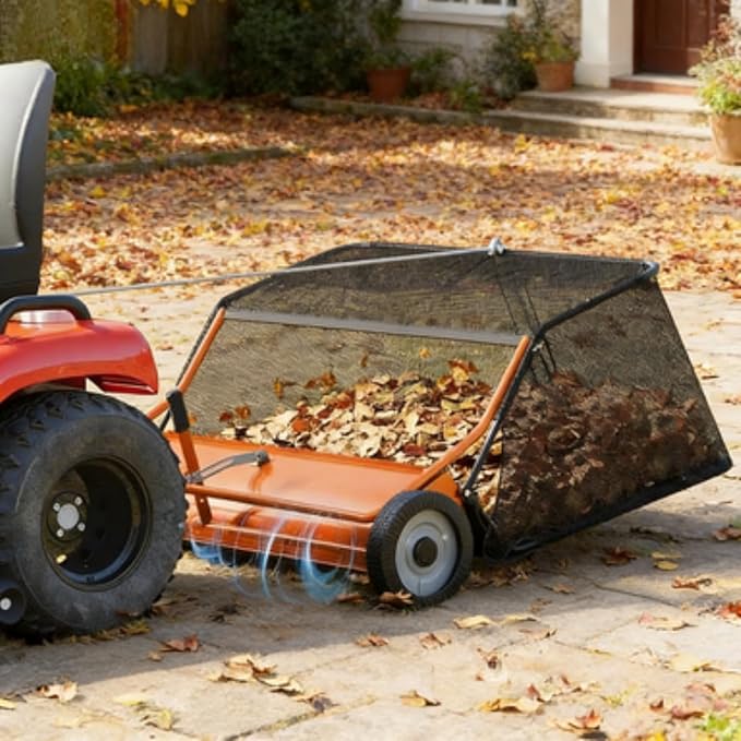 52" Large Capacity Pull Behind Lawn Sweeper with Adjustable Sweeping Height - Leaf & Grass Collector with Dumping Rope Design for Picking Up Grass and Debris