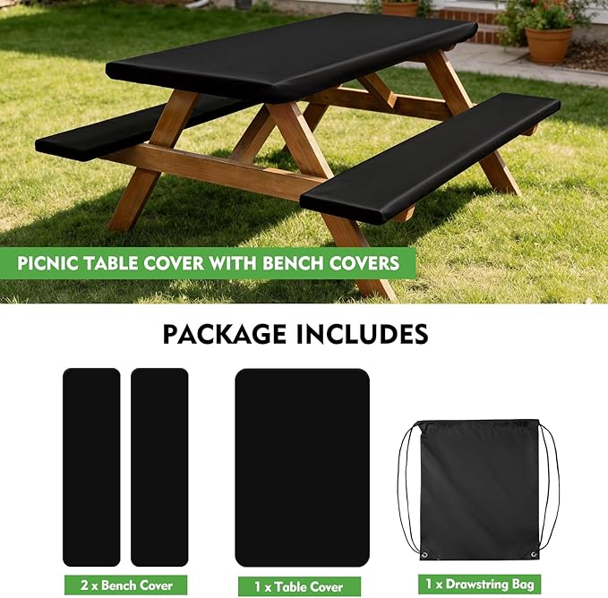 Clothclose Picnic Table Cover with Bench Covers, Fitted 6ft Waterproof Tablecloth Set for Outdoor Camping & RV, 30"x72", Solid Black