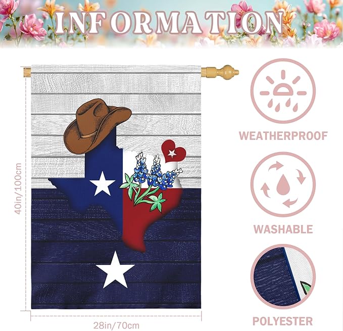 Texas Bluebonnet Garden Flag Cowboy Hat Texas State Yard Flag Americana Western House Banner Polyester Double Sided for Outdoor Wall Yard Patio Window Porch Welcome Banners Gift 28 x 40 Inch