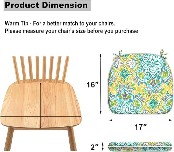 DYTXIII Set of 2 Outdoor Chair Cushions with Ties,Water Repellent Patio Chair Pads 17"x 16" for Outdoor Furniture,Round Corner Seat Cushions for Garden Yard Kitchen Damask Green