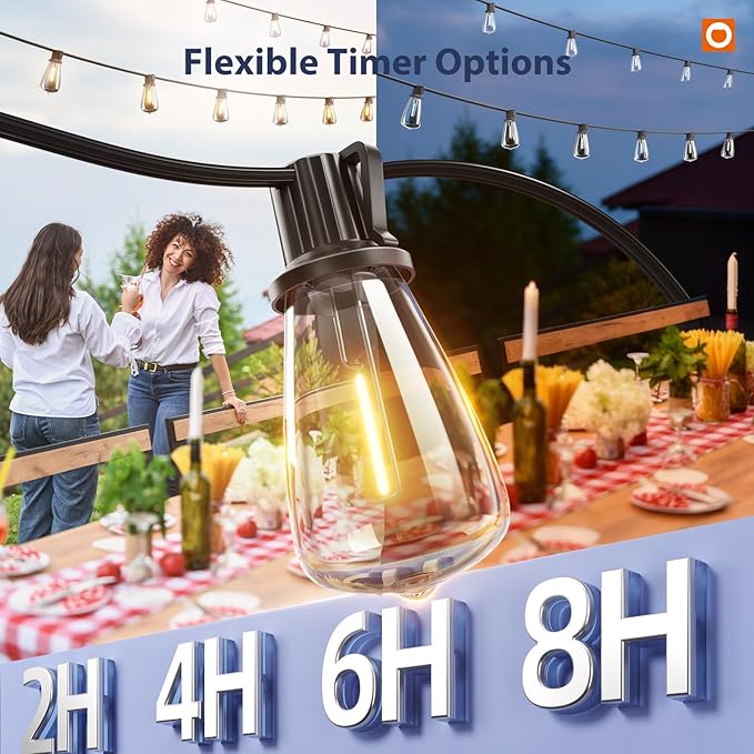 addlon 150FT(144+6) Solar String Lights Outdoor with Remote, Long-Lasting Waterproof Patio Lights, Dimmable & Timable Hanging Solar Light with 45 LED Bulbs for Outside, Yard, Garden, Camping, Gazebo