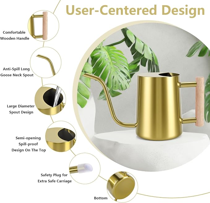 Watering Can Indoor Plants, 35oz Small Stainless Steel Metal Watering Can Modern Decorative Watering Pot with Long Spout for Indoor House Plant Bonsai Garden Flowers (Gold)