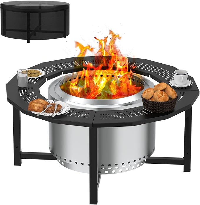 Fire Pit Surround Tabletop for Solo Stove Bonfire, Tiki, Outdoor Smokeless Fire Pit Table for Wood Burning Fire Pits, Powder-Coated Steel Stove Table Surround with Cover for Solo Stove