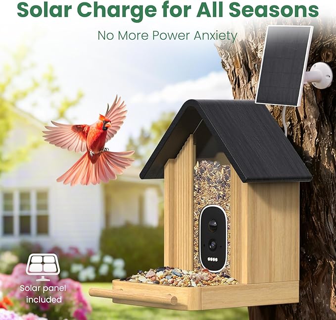 Smart Bird Feeder Camera with Solar Panel (Bamboo), 2.5K UHD AI Identification, Real-time Videos & Pictures, Wireless Solar Powered Outdoor, Ideal Garden Decor & Bird Watcher, Gift for Mom