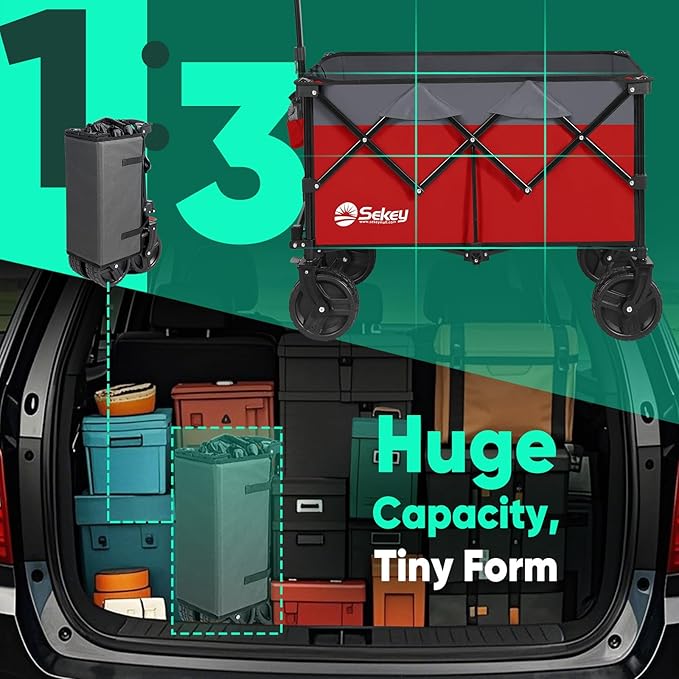 Sekey 220L Wagons Carts Foldable with Big All-Terrian Beach Wheels, Collapsible Heavy DutyWagon with Cup Holders, Extra Large Folding Wagon,Foldable Wagon for Camping, Garden, Sports.Red&Grey