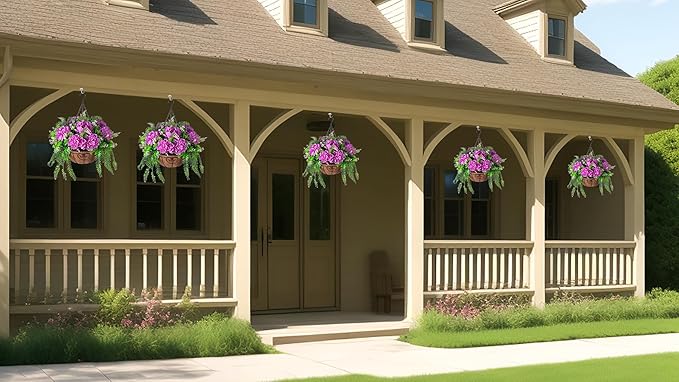 Ammyoo Artificial Flowers in Hanging Basket Planter for Home Spring Summer Decoration, Silk Hydrangea Outdoor Indoor Arrangements, 12" Metal Coconut Lining Basket with Faux Plant(Purple)