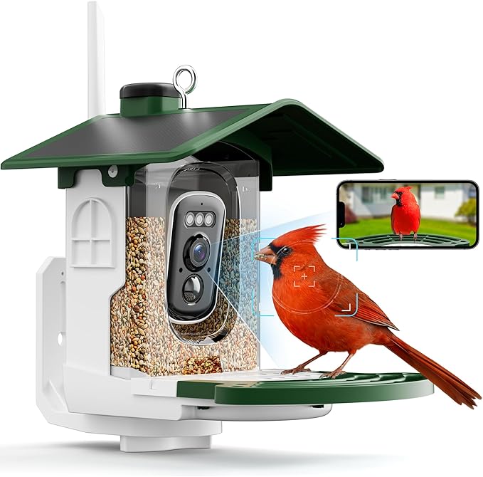 Smart Bird Feeder with Camera Solar Powered - AI Bird Identification, Instant Arrival Alerts, 2.4Ghz WiFi, 3MP HD Video, IP65 Weatherproof Design, Gifts for Mom Dad Birdlovers, Green
