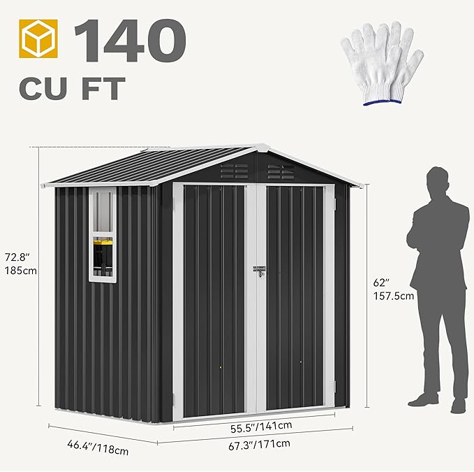 DWVO 6x4ft Large Tool Storage Shed with Window, Lockable Doors, and Sloped Roof, Oversized Steel Outdoor Storage Shed for Garden, Patio, Garage, Backyard, Lawn - Gray White