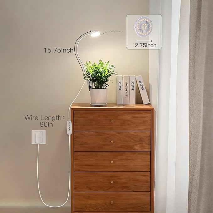 LORDEM Grow Lights for Indoor Plants, Clip-on Gooseneck Plant Lights for Indoor Growing，Full Spectrum LED Plant Light with 5 Dimming Levels,Auto On/Off Timer (6/8/12/16 Hrs),White,3 Packs
