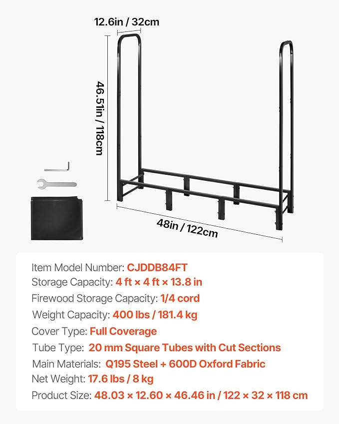 VEVOR Firewood Rack with Waterproof Cover, 4 ft Outdoor Firewood Holder, 1/4 Cord Storage Metal Log Holder, 400lb Max Weight Capacity, Full Covered, Powder-Coated Wood Storage Rack for Fireplace Deck