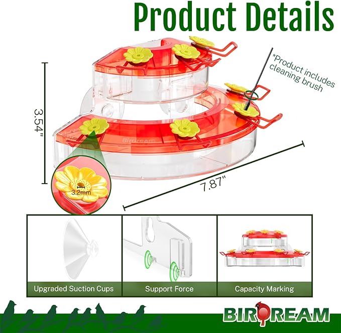 Birdream 2 Pack Window Hummingbird Feeders for Outdoors, with Strong Suction Cups & 7 Feeding Ports, Easy to Refill and Maintain, Gift for Bird Lover, Plastic Bird Feeder, 10oz Per Pack - Red