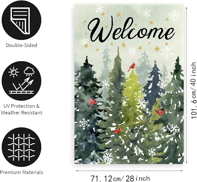 Welcome Winter House Flags Snowy Forest Pine Tree Garden Flag Cardinal Birds Yard Flag Large Christmas Outdoor Flags 28x40 Double Sided for Outside Farmhouse Lawn Decor