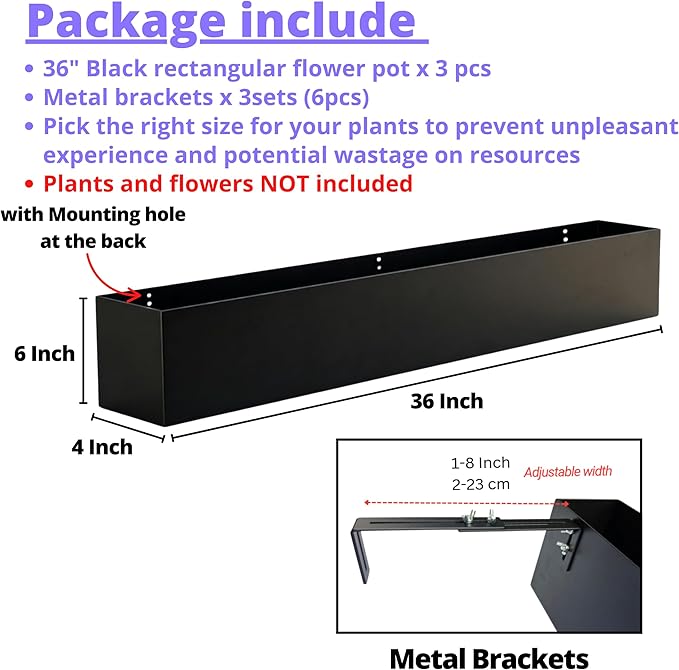 LaLaGreen Railing Planter Box (36 Inch, 3 Pack) Black Metal Rectangular Hanging Flower Boxes with Brackets, Large Planters for Outdoor Plants Deck Railings Fence Balcony Patio Porch Over Rail Garden