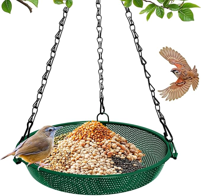 Hanging Bird Feeder for Outdoors – 9 in Metal Mesh Bird Feeder Tray Platform for Small Wild Birds, Green