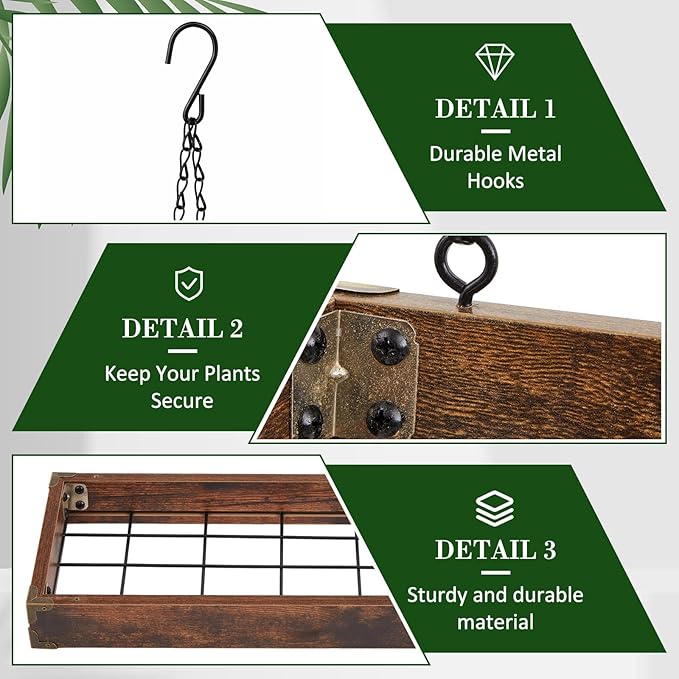 3 Tier 16" Hanging Plant Window Shelf Large Hanging Plant Holder Wood Frame Metal Chain Floating Wall Flowerpot Organizer Storage for Herbs Microgreens Succulents Balcony Living Room