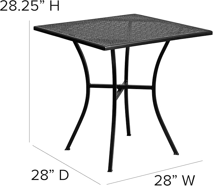 Flash Furniture Oia 28" Commercial Grade Steel Patio Table, Modern Square Rain Flower Design Outdoor Dining Table, Black